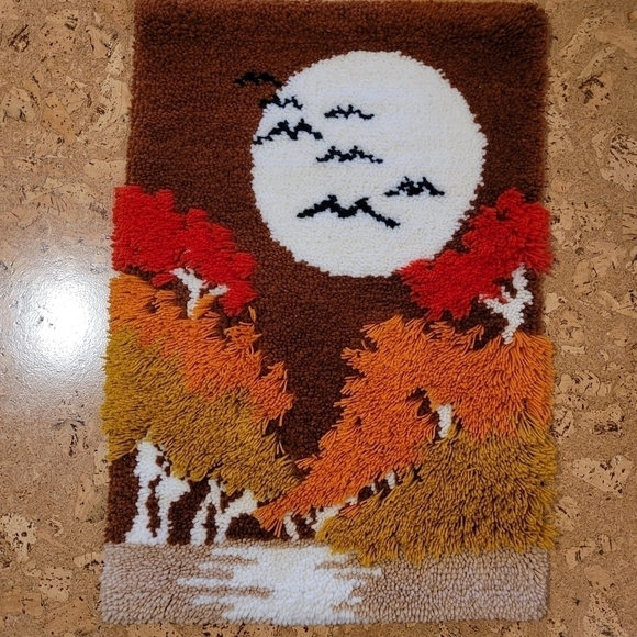 Mid Century Shag Rug Wall Hanging Hook Loop Woven Autumn Birds Moon/Sun 36x24 - Picture 2 of 13